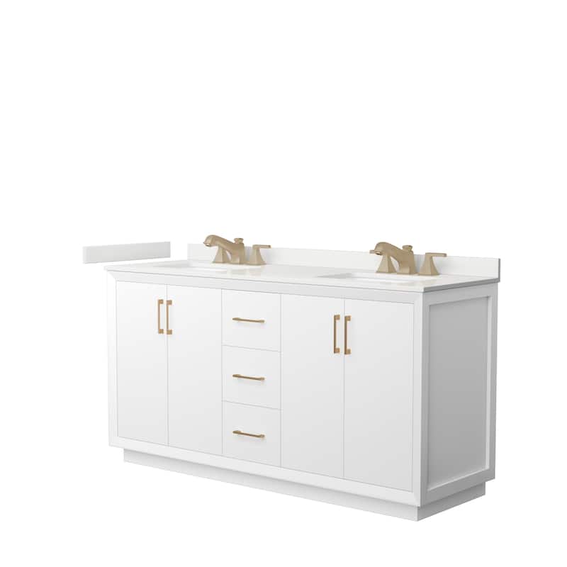 Strada 66-inch Double Vanity, Quartz Top - White, Bronze Trim, White Quartz Top