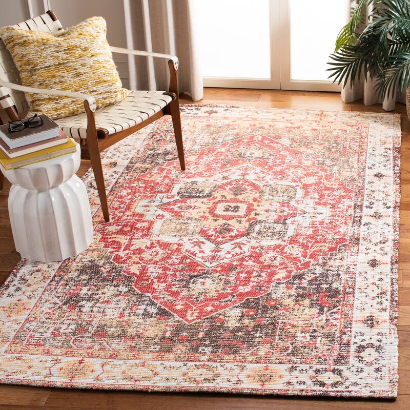 SAFAVIEH Handmade Saffron Karley Traditional Tribal Ivory/Rust Cotton Rug - 3' x 5' - Ivory/Red