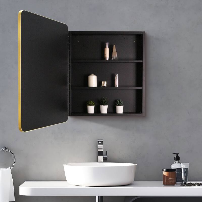 Gold Rectangular Metal Framed Surface or Recessed Mount Bathroom Medicine Cabinet with Mirror