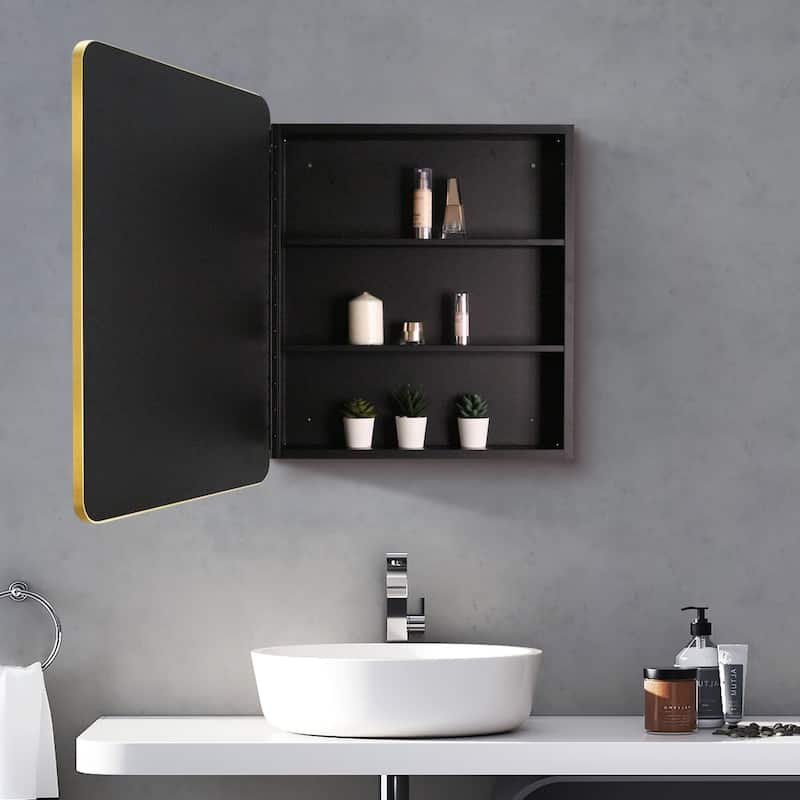 Wall Mount or Recessed Bathroom Medicine Cabinet with Spacious Storage, Luxury Design, and Black Iron Powder Material