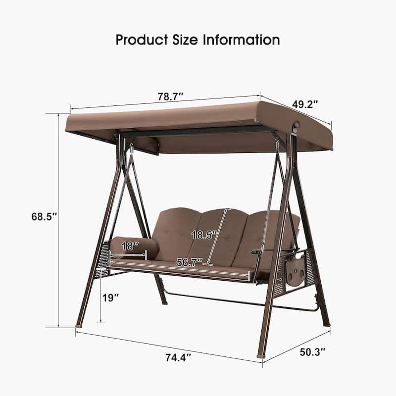 PURPLE LEAF Khaki Deluxe Outdoor Patio Porch Swing with Weather Resistant Steel Frame, Cushions and Pillow Included