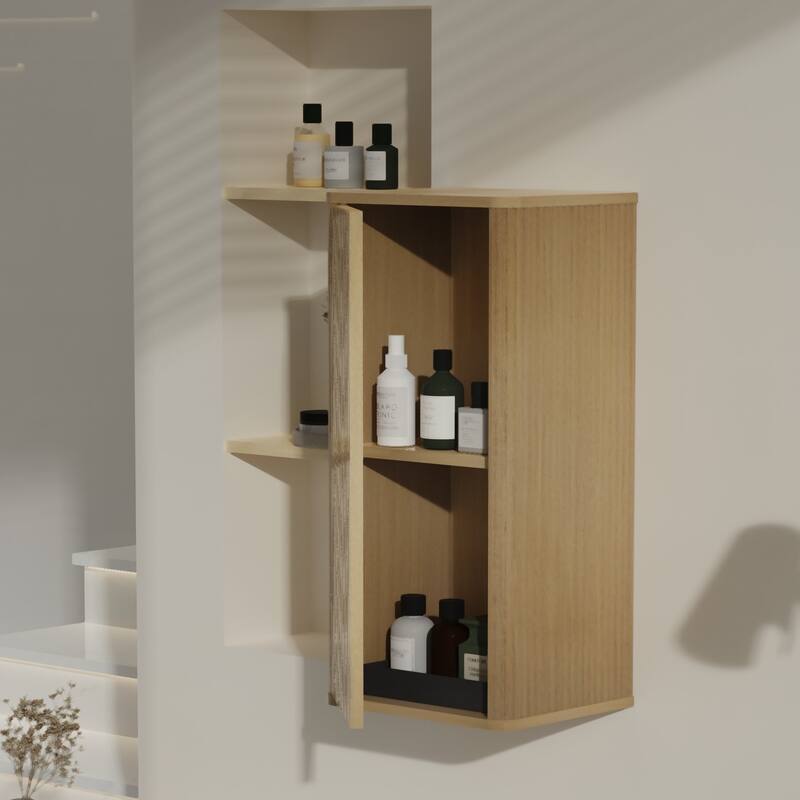 Wall-Mounted Floating Side Cabinet with Chic Striped Textures, Safe Curvy Design, Push-Open Door and Inside Shelves