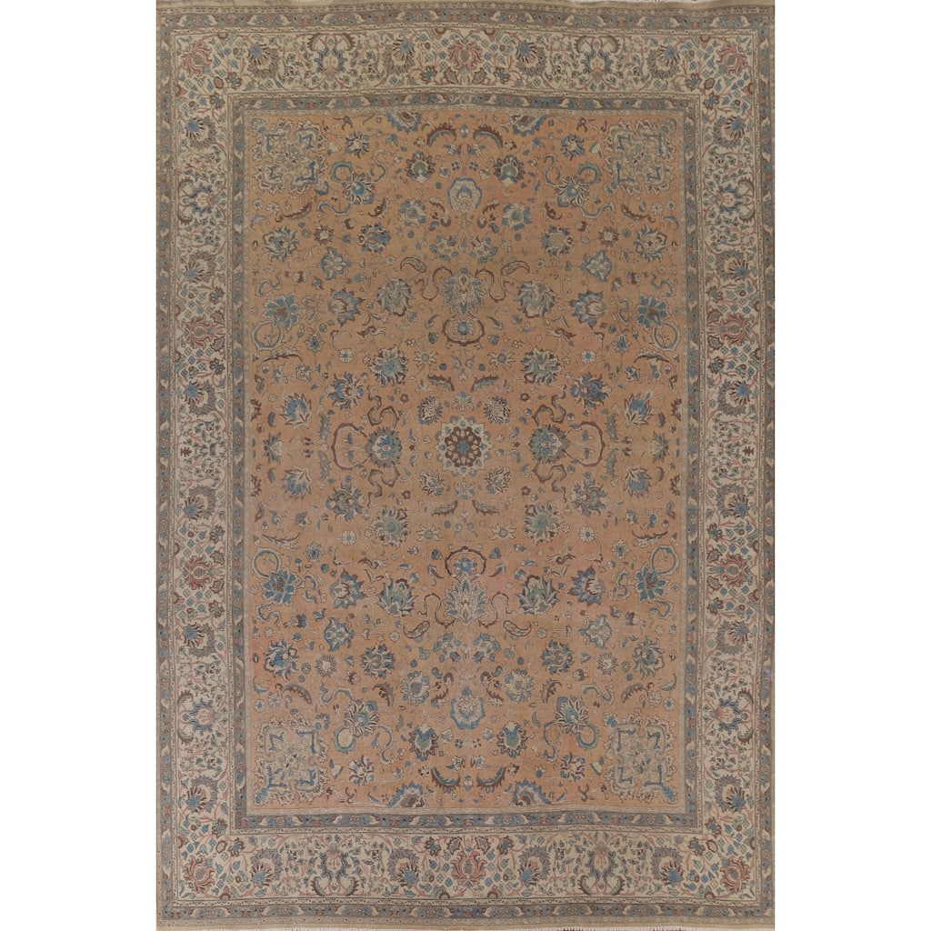 Hand Knotted Oriental 100% Wool Carpet Traditional All-Over Coral Tabriz Area Rug - 12' 6'' X 9' 7''