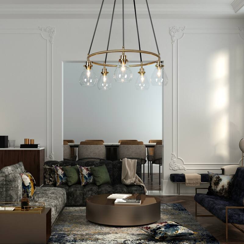 Malury Modern 5-light Chandelier Brass Gold Wagon Wheel with Clear Drop Shade Glass