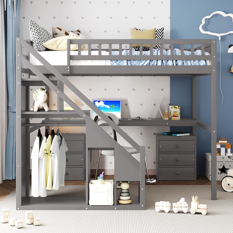Multi-Functional Loft Bed with Storage Space by Harper&Bright Designs - Grey - Full