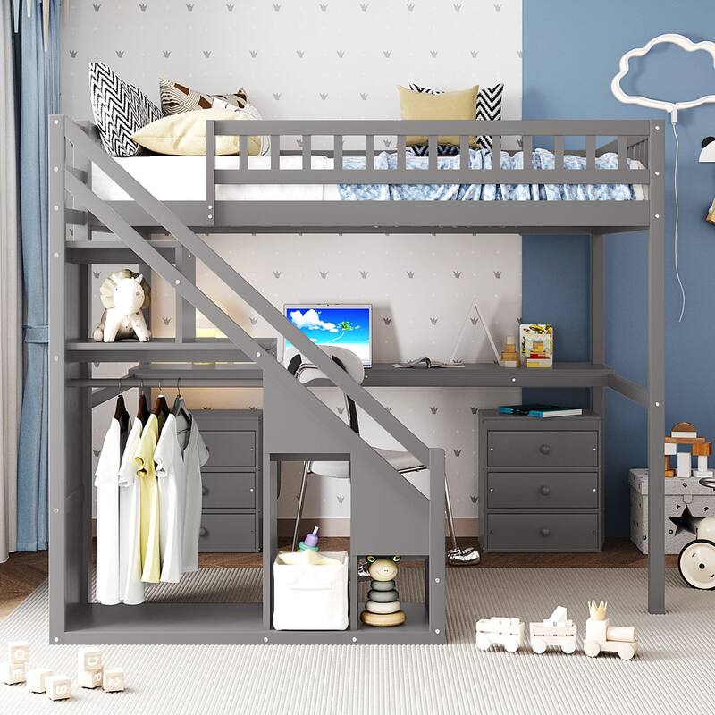 Roomfitters Twin/Full Size Loft Bed with Desk, Two Chests of Storage Drawers and Lighting - Gray - Full