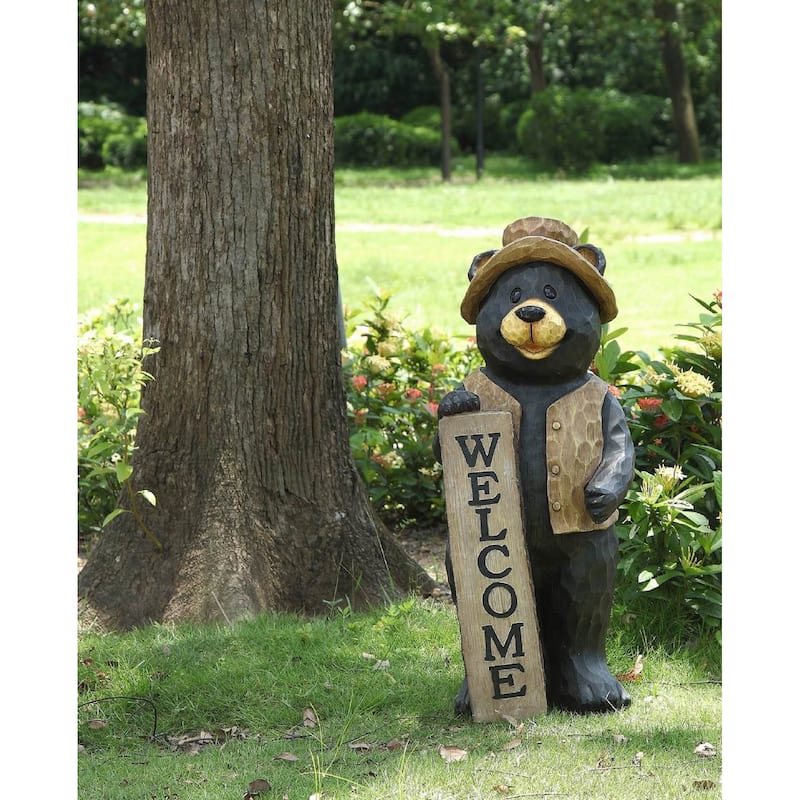 Standing Bear with Welcome Sign Outdoor Garden Statue - 30"