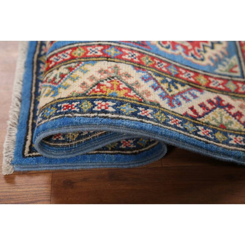Geometric Blue Kazak Oriental Accent Rug Hand-Knotted Wool Carpet - 2'1"x 2'10"