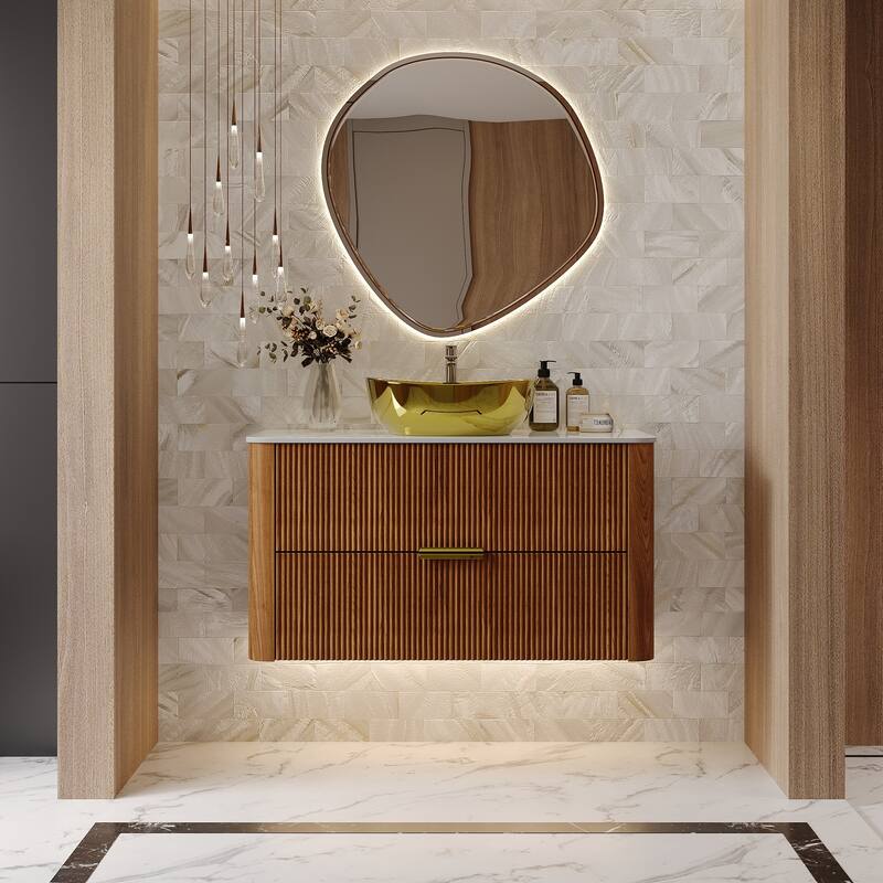 36" Luxury Floating Bathroom Vanities with Gold Single Sink, Brown Wood Cabinets with 2 Drawers