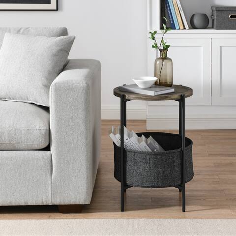 Modern Accent End Table with Storage Basket Grey Cloth Bag - 18x18x24