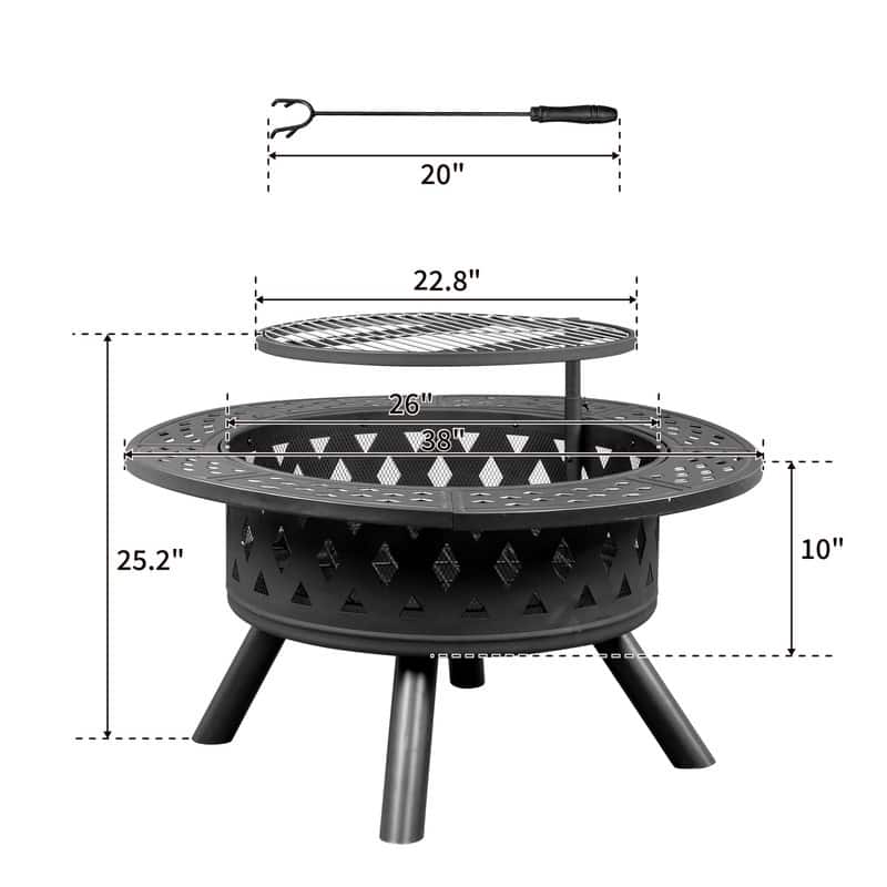 38"W x 25"H Round Iron Wood Burning Black Fire Pit Table with 20" Fire Poker - 38" W
