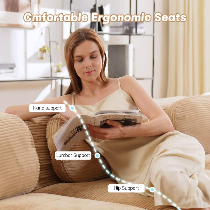 Rossetta 82'' Simplified Anti-Slip Style L-shaped Premium Corduroy Fabric Modular Loveseat Sofa with Curved Armrests, 1 Ottoman