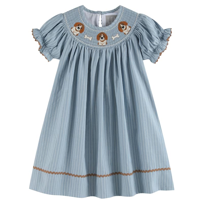 Lil Cactus Light Blue Puppy Smocked Bishop Dress