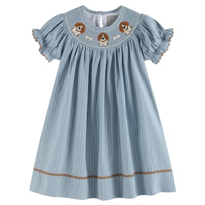 Lil Cactus Light Blue Puppy Smocked Bishop Dress