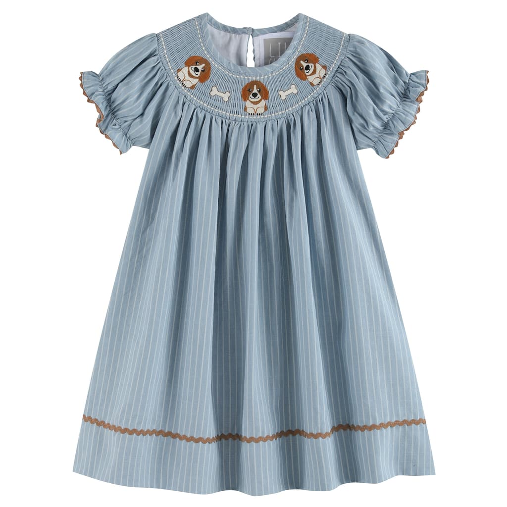 Lil Cactus Light Blue Puppy Smocked Bishop Dress