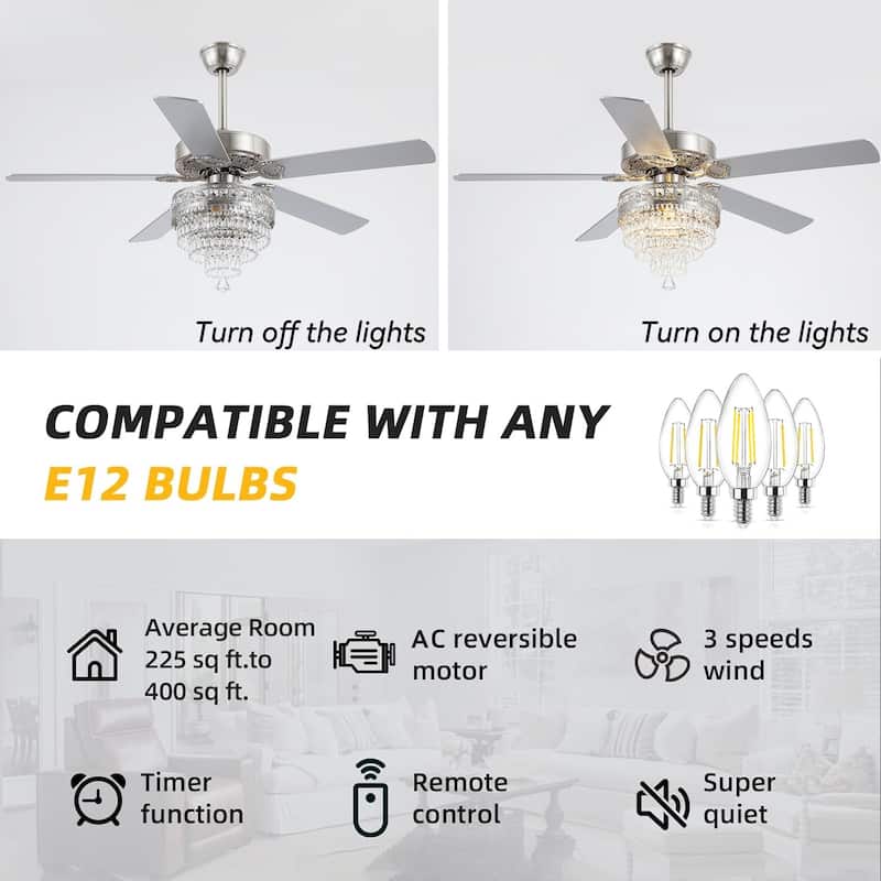 52 Inches Crystal Ceiling Fan Light,Chandelier,APP and Remote Control,5 Dual Side Plywood Blades,Reversible AC Motor - 52 Inches