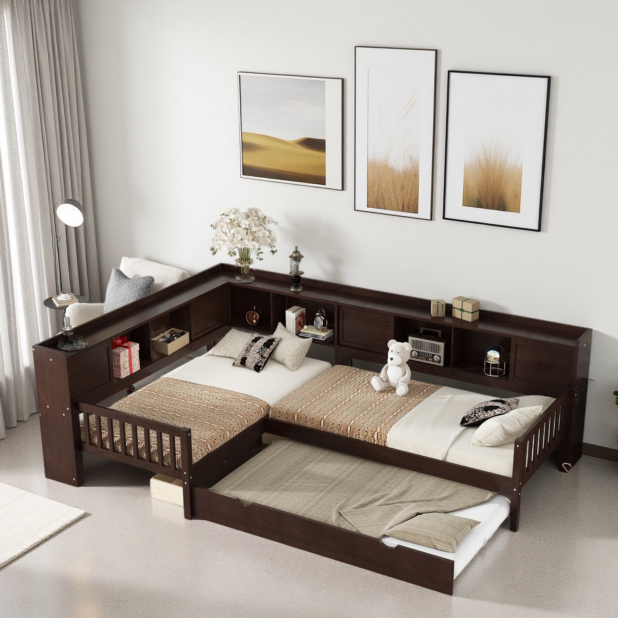 Twin Size L-Shaped Solid Wood Platform Bed with Trundle, Storage Drawers, and Shelves