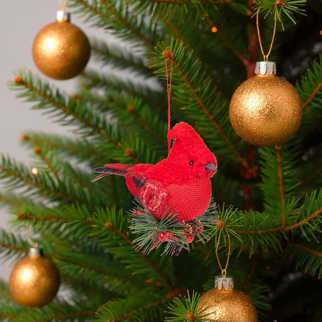 13" Red and Green Plaid Cardinal on Holly Berries Christmas Ornament