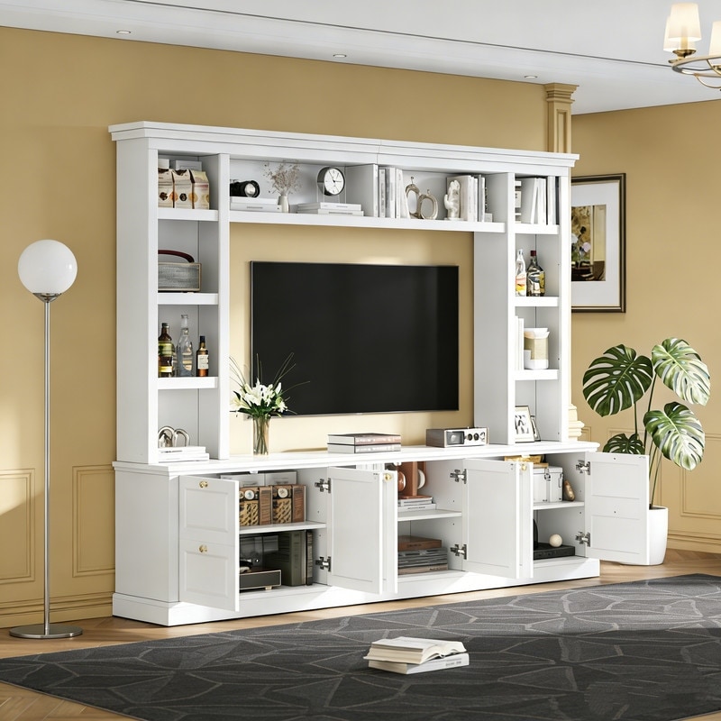 All-in-One Modern TV Stand with Bookcase for TVs up to 70", Entertainment Center with 3 Adjustable Shelves, for Living Room