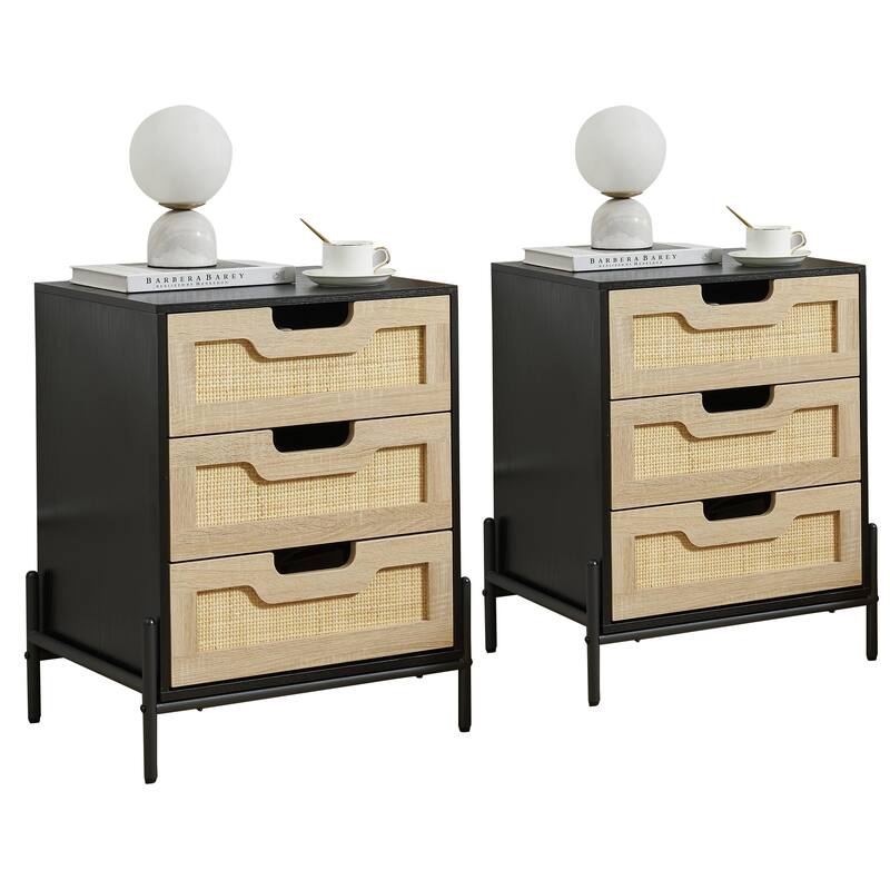 Rattan End Table, Nightstands with 3 Natural Rattan Drawers 1 or 2 Pack - Black_2pack - 3-drawer