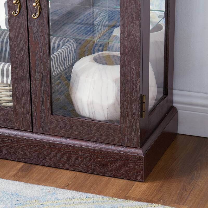 Lighted Curio Display Cabinet, Floor Standing Wooden China Cabinet with Mirrored Back Pane, 4 Glass Doors & Adjustable Shelves