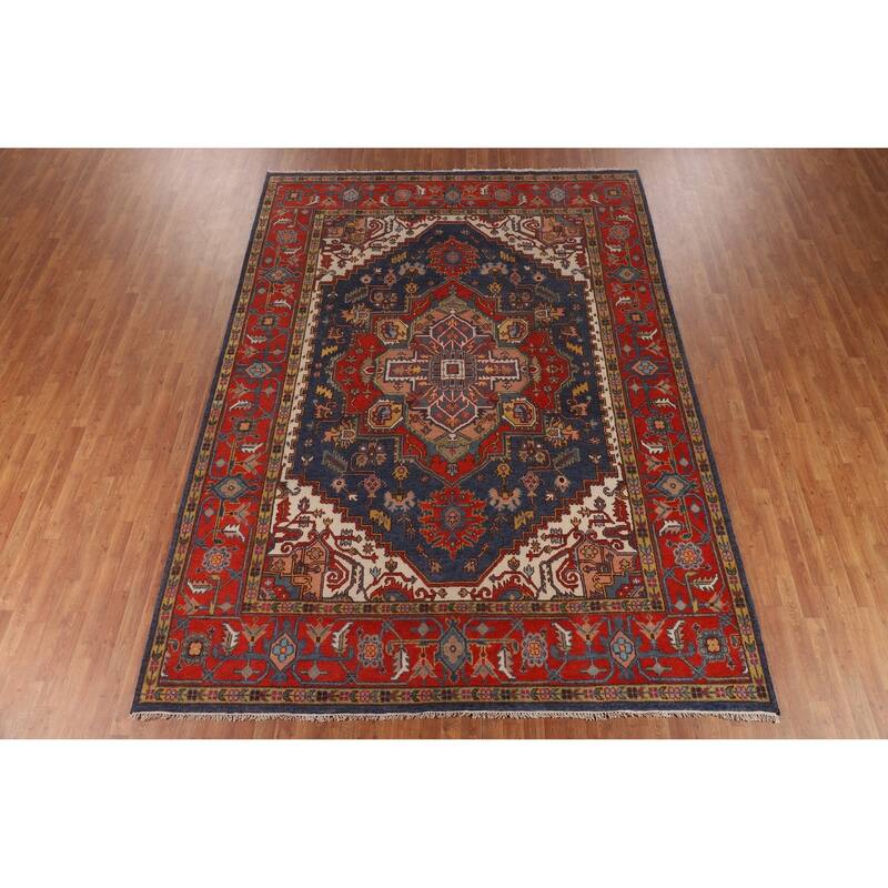 Blue Geometric Heriz Serapi Oriental Area Rug Hand-Knotted Wool Carpet - 8'8"x 11'10"