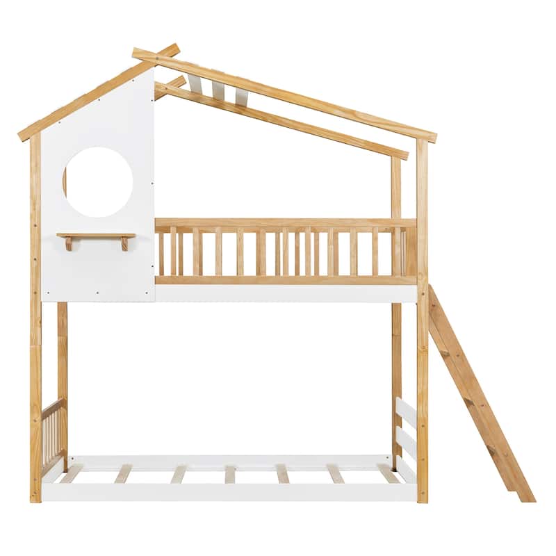 Twin Over Twin Bunk Bed Wood Bed With Roof,Window,Ladder,Natura