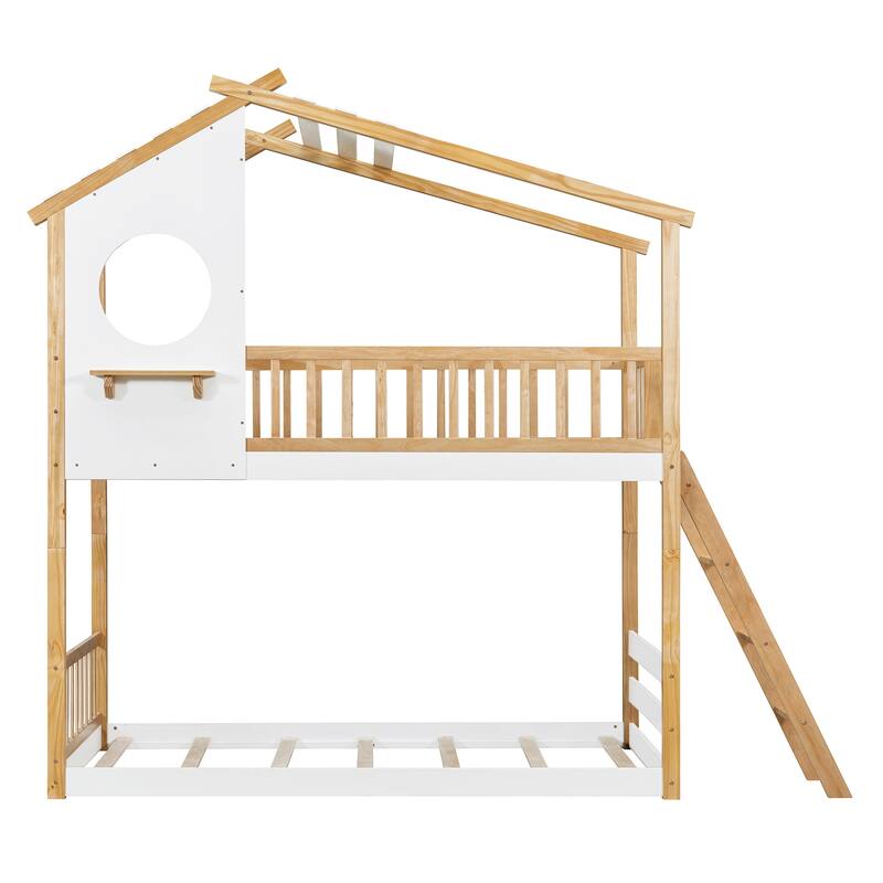 Twin Size House Bunk Bed with Ladder, Wooden Kids Playhouse Bunk Bed Frame with Roof and Window, Solid Pine Floor Bunk Bed Frame