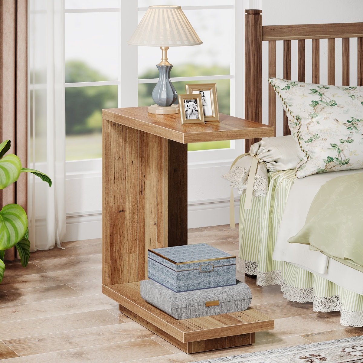 C-Shaped Side Table, 2-Tier Narrow End Table Wood Bedside Table