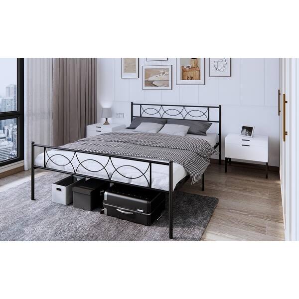 Full Size Bed Frame with Rounded Corners Headboard, Heavy Duty Black