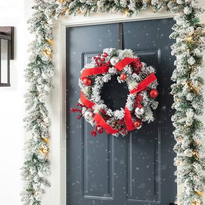 Glitzhome 24"D Christmas Flocked Berry Pinecone Ribbon Wreath