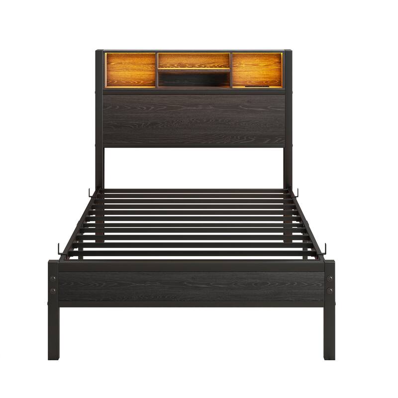 Twin Size Metal Bed Frame with Storage Headboard, Charging Station, RGB LED Lights, Under-Bed Storage, Easy Assembly