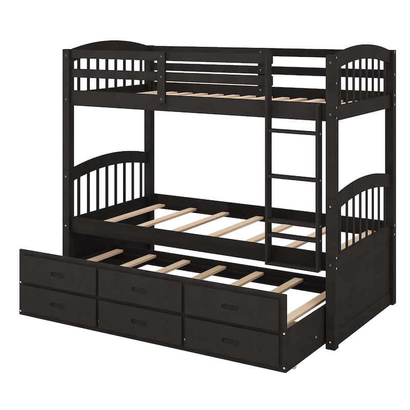 Twin Over Twin Bunk Bed with Trundle & 3 Drawers, Wood Bunk Bed Frame w/Ladder & Guardrails, Convertible to Single & Captain Bed