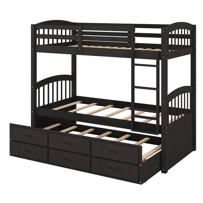 Twin Over Twin Wood Bunk Bed with Trundle and Drawers, Espresso Finish