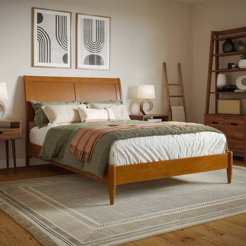 Valencia Solid Wood Low Profile Sleigh Platform Bed - Light Toffee - Full