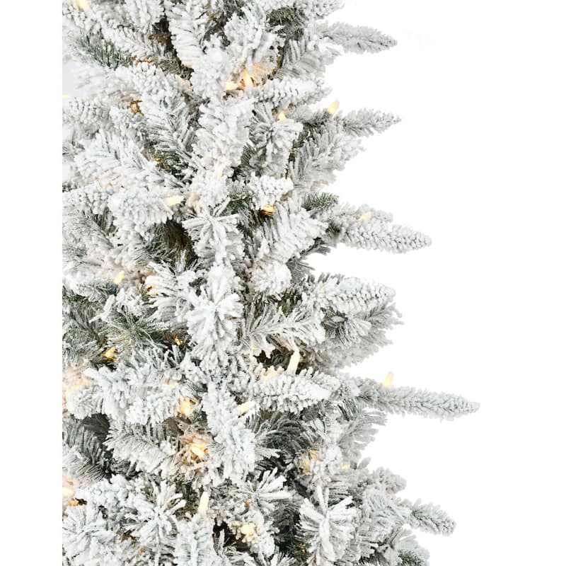 Fraser Hill Farm 9-Ft. Slim Mountain Pine Flocked Christmas Tree with Warm White LED Lights