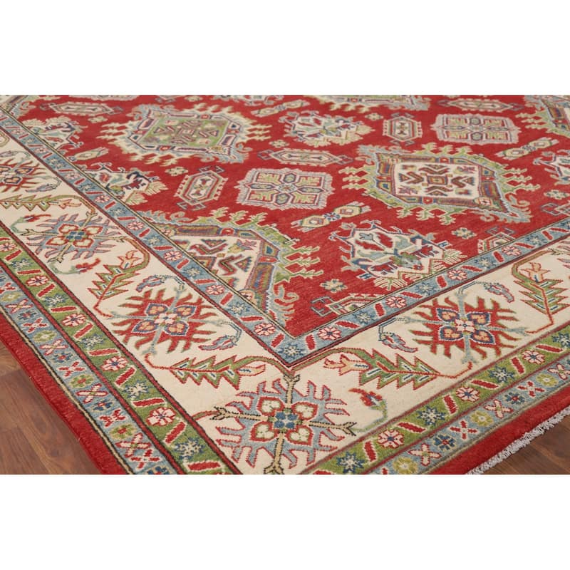 Hand Knotted Oriental 100% Wool Carpet Traditional Geometric Red Kazak Area Rug - 10' 0'' X 7' 11''