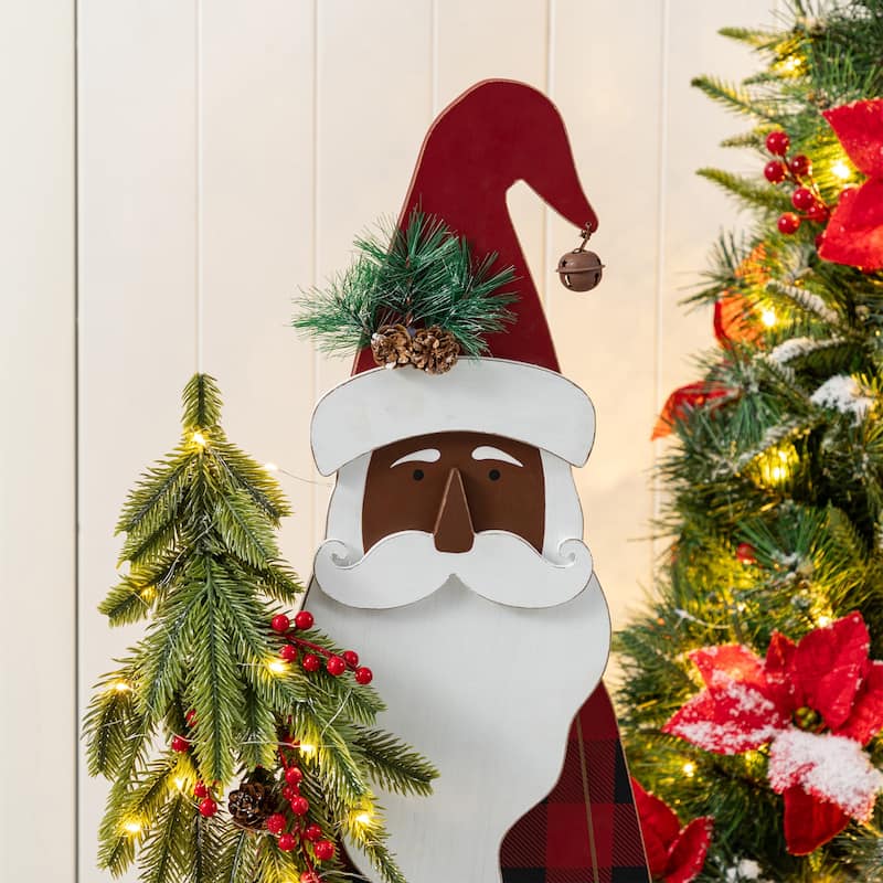 Glitzhome 35.75"H Lighted Wooden Africa Santa Porch Decor with Timer - Multi