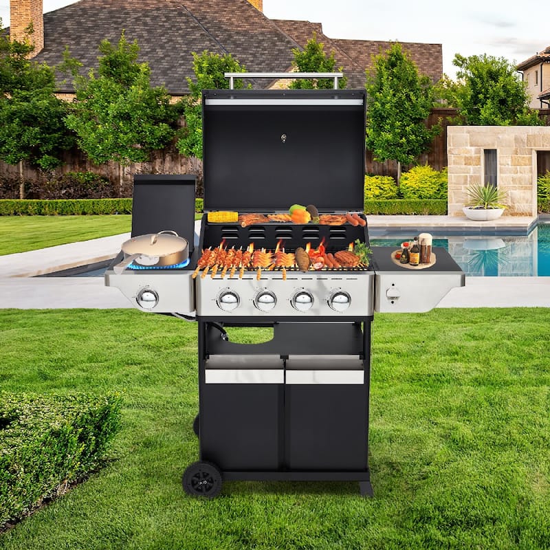 Outdoor BBQ Gas Grill - 58K BTU, Stainless Steel, with Stove & Side Table, perfect for camping, picnics, and gatherings - Black - Propane Gas
