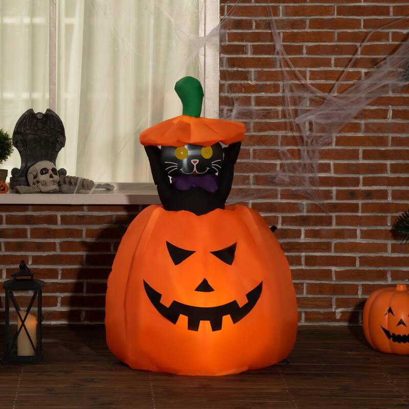 Outsunny 4 ft. Black Cat Halloween Inflatable Pumpkin Halloween Decoration - Polyester - Orange