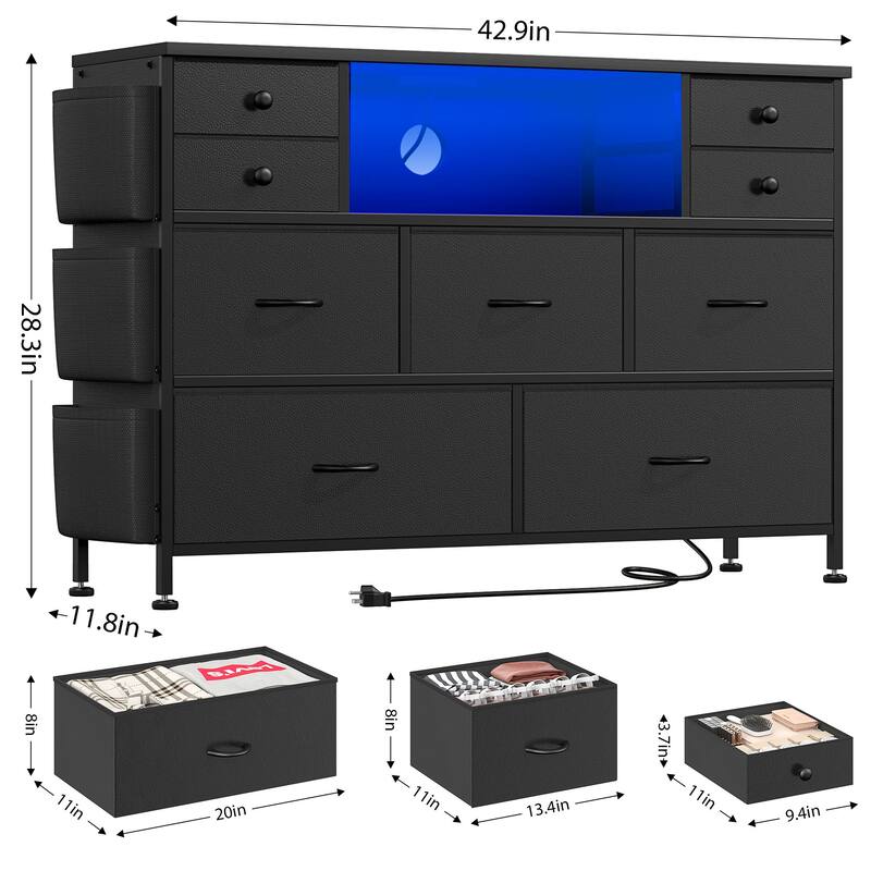 9 Drawer Dresser TV Stand with Power Outlets LED Lights Fabric Chest of Drawers