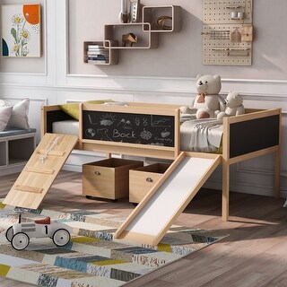 Twin Size Loft Bed with Two Storage Boxes and Double-Sided Chalkboard