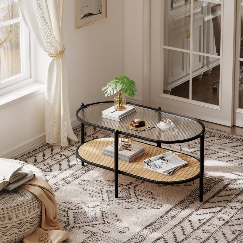 2-Tier Rattan Coffee Table, Boho Oval Coffee Table with Tempered Glass Top