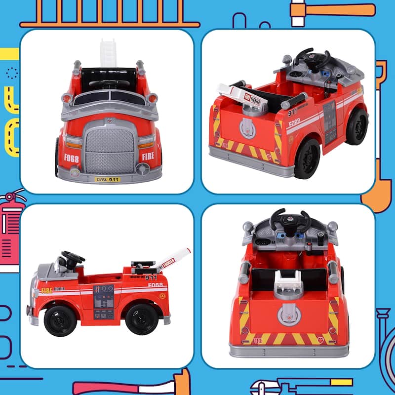 Realistic Ride on Fire Truck with Lift, Red Electric Car Toy with Seat Belts, 12V Electric Vehicle with Front and Rear Lights