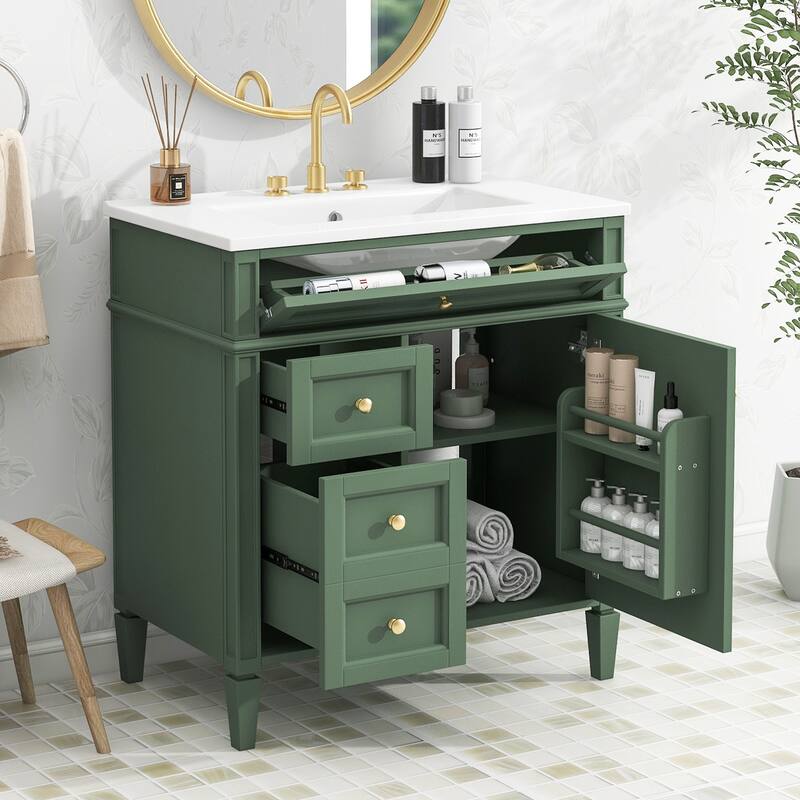 GDFStudio - Halmore Modern Freestanding Bathroom Vanity with Resin Sink, 2 Storage Drawers and a Tip-Out Drawer - 30'W