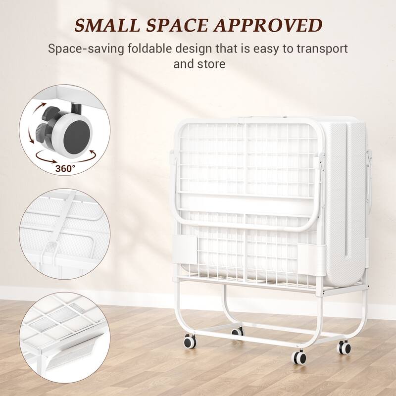 Folding Bed with 5 Inch Memory Foam Mattress, Small Single Bed Extra Guest Bed with Wheel