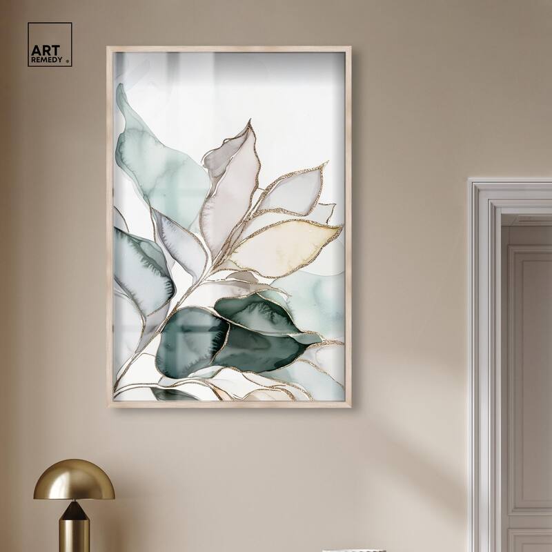 Pastel Leaves with Gold I Shadowbox by Art Remedy