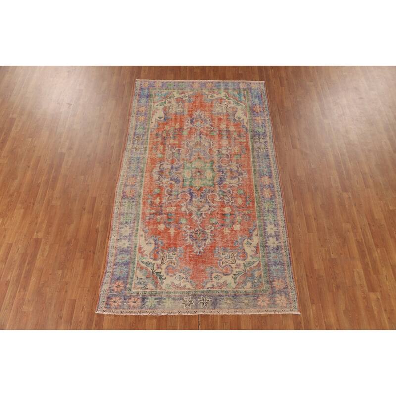 Distressed Orange Sparta Turkish Vintage Area Rug Handmade Wool Carpet - 5'4" x 9'3"
