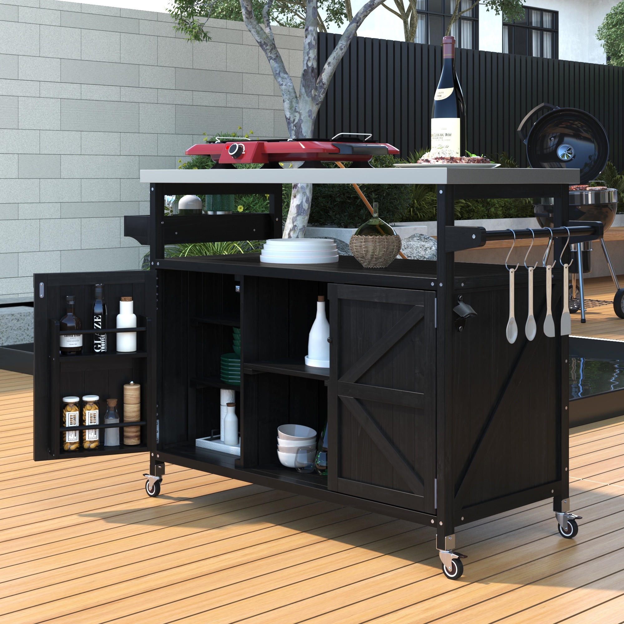 Farmhouse Solid Wood Outdoor Kitchen Island with Stainless Steel Top & Spice Rack