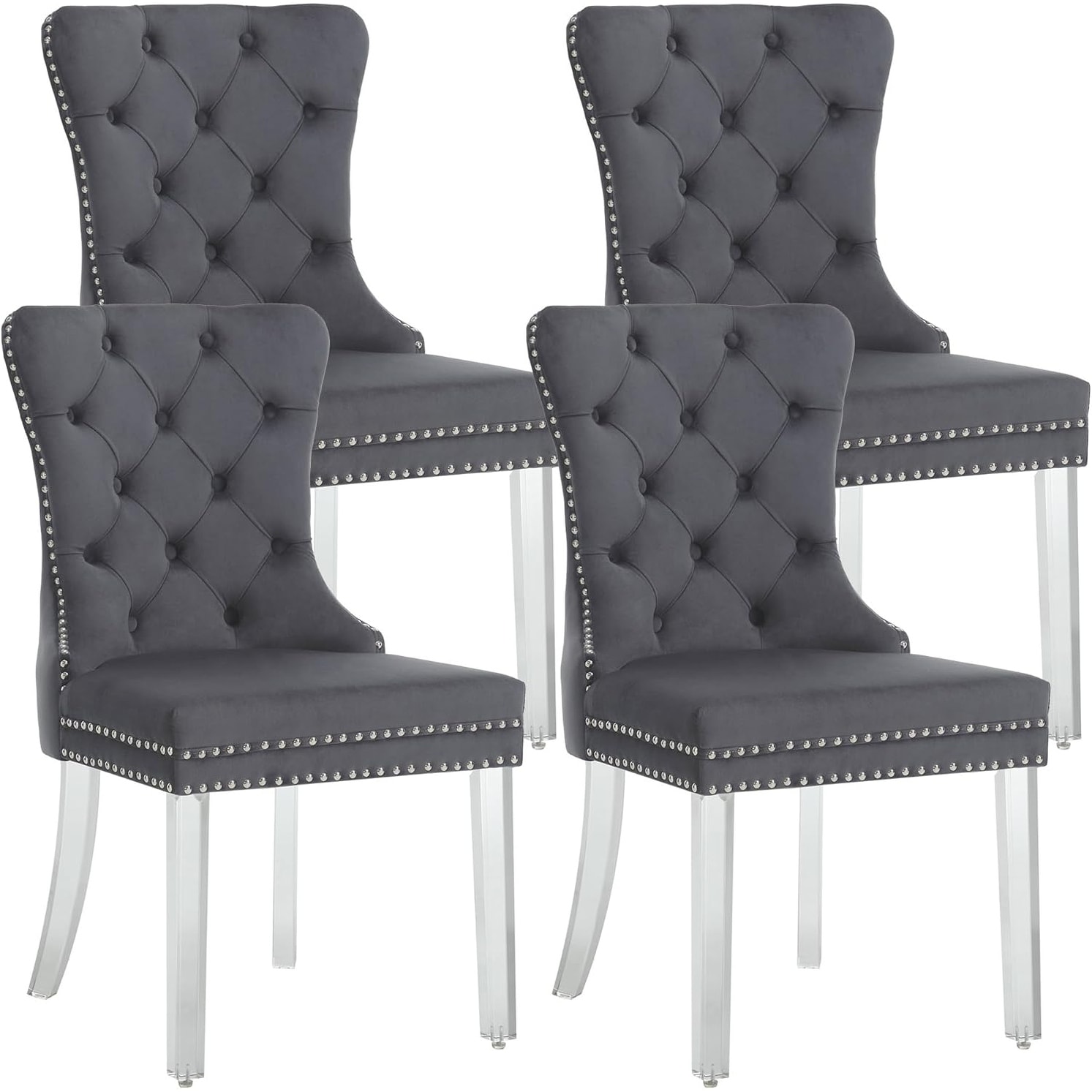 Set of 4 Velvet Upholstered Tufted Wingback Dining Chairs with Nailhead Trim and Acrylic Legs, Grey